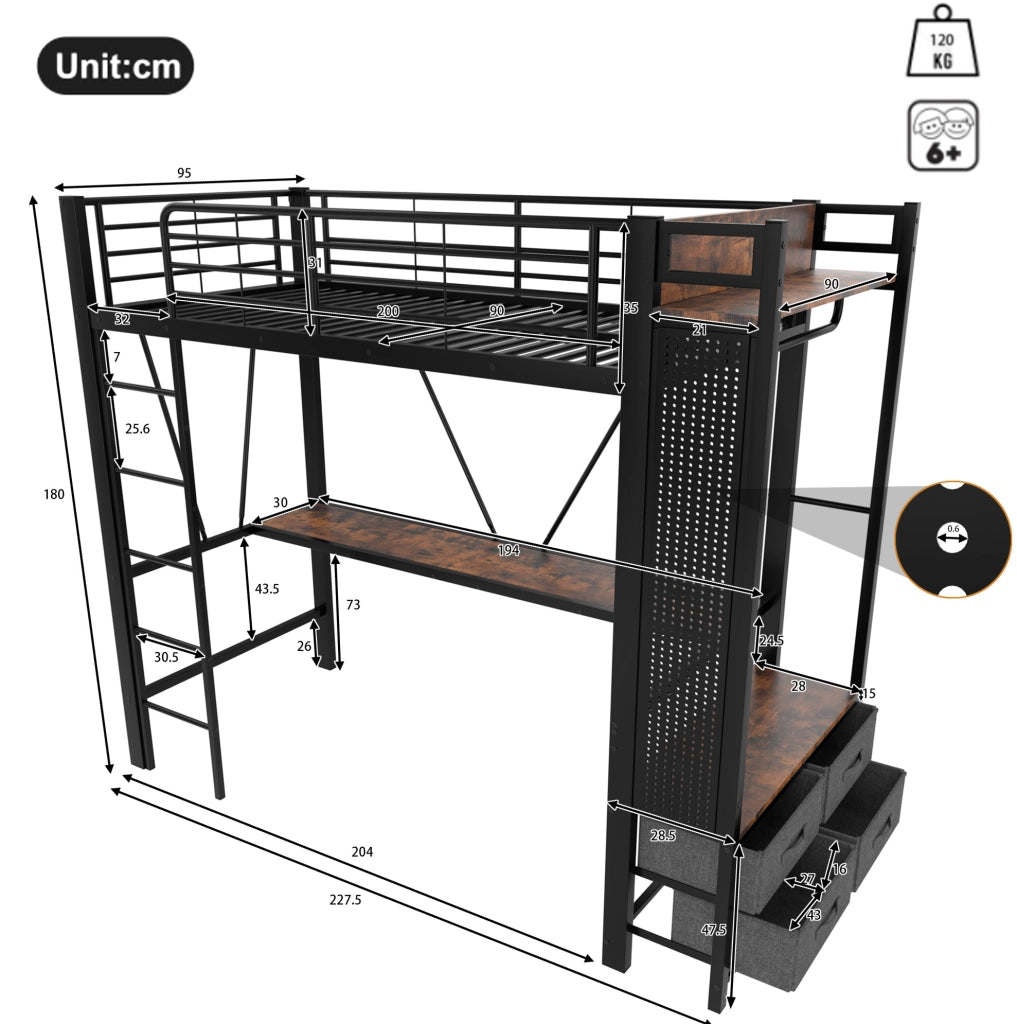 Hochbett 90x200 cm con scrivania, cassetti e illuminazione LED