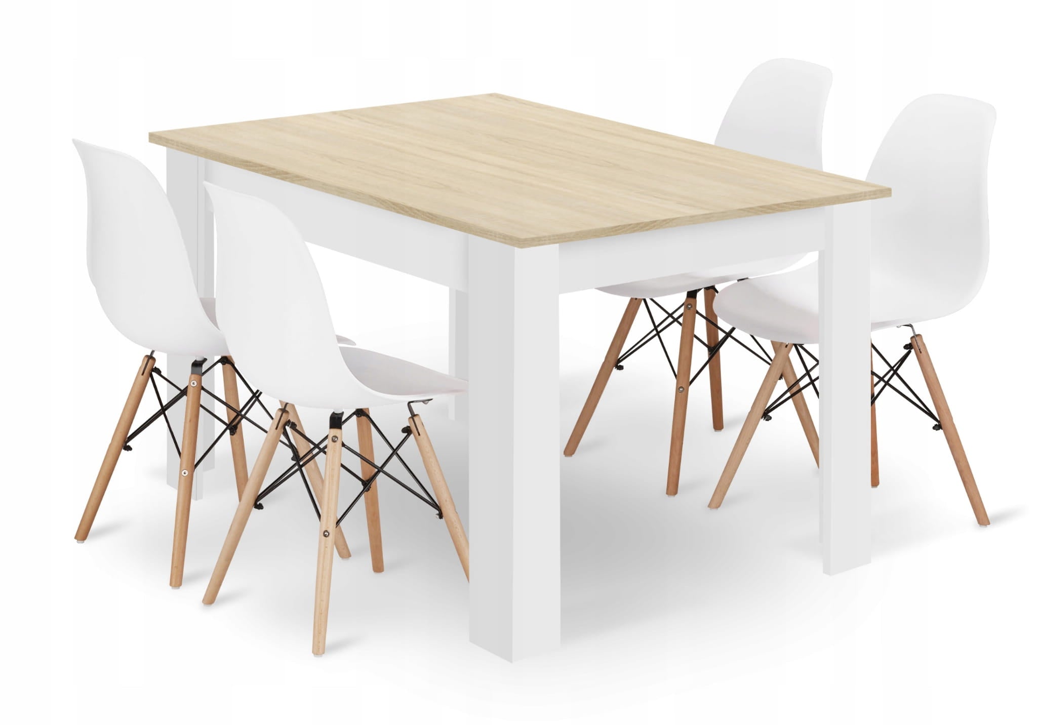 Set tavolo rettangolare Valora 120x80 rovere Sonoma + 4 sedie bianche OSAKA