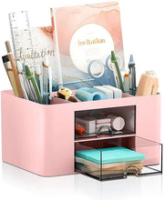 Organizzatore per ufficio con 2 cassetti, organizzatore per ufficio rotativo 360°, contenitore per penne, 5 cassette per penne, strumenti, appunti adesivi, organizzatore per ufficio spazievitore (rosso quadrato)