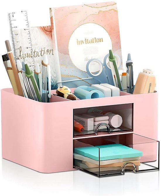 Organizzatore per ufficio con 2 cassetti, organizzatore per ufficio rotativo 360°, contenitore per penne, 5 cassette per penne, strumenti, appunti adesivi, organizzatore per ufficio spazievitore (rosso quadrato)