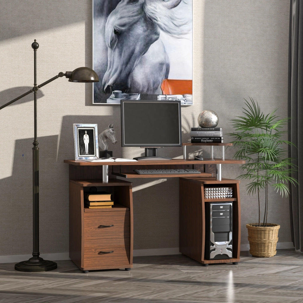Scrivania per Computer con 2 Cassetti, Ripiani e Supporto Monitor ¨C Zephmum ¨C 120x55x85 cm Marrone