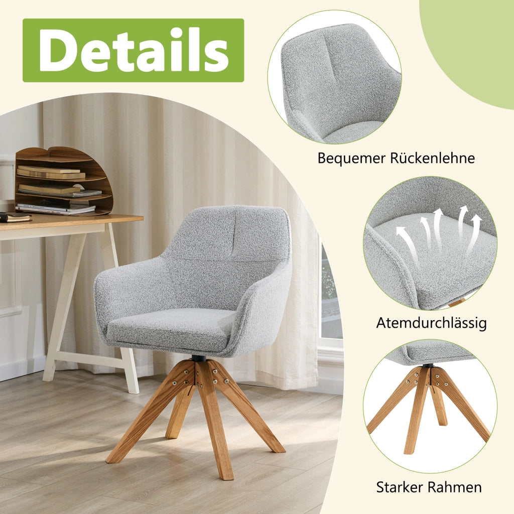 Sedia da pranzo girevole a 360° con braccioli e schienale ergonomico, in tessuto grigio e legno massello, set da 2