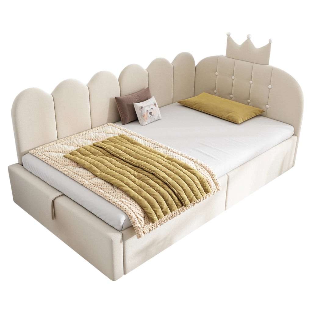 Letto singolo daybed 90x190 cm in velluto beige con contenitore e design a corona