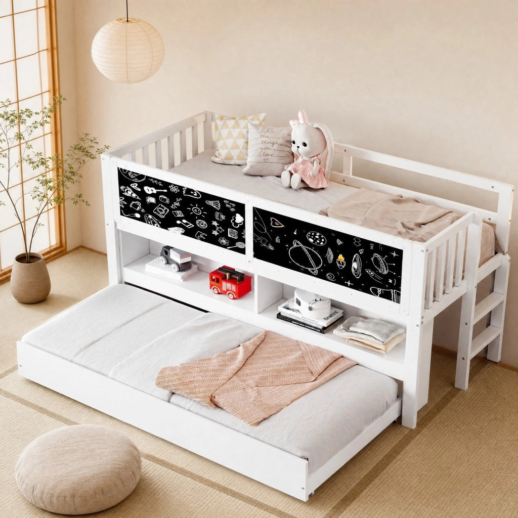 Letto estraibile per bambini 1 posto con letto estraibile, lavagna e scaffali, 90 × 200 cm, senza materasso