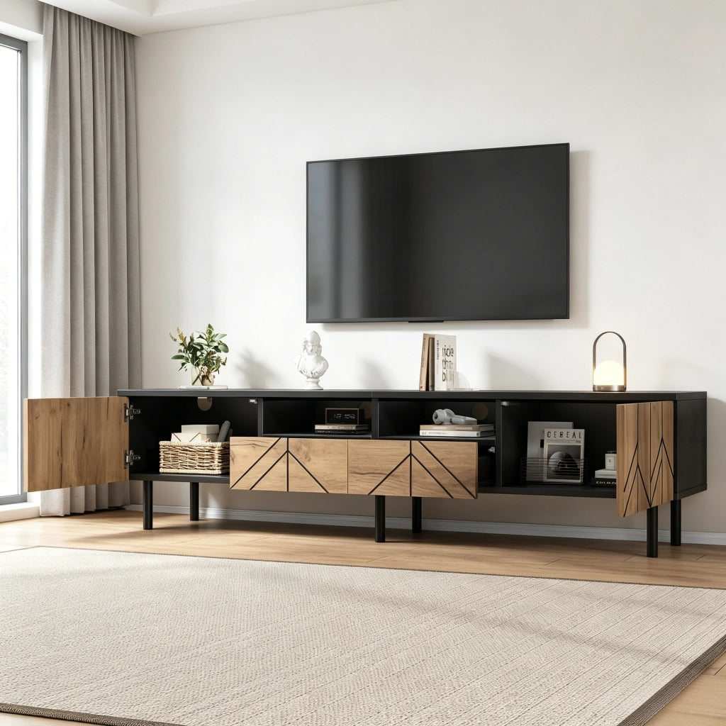 Mobile porta TV moderno con 2 cassetti e 2 ante, per soggiorno, in truciolato, nero e effetto legno, 180 × 40 × 45 cm