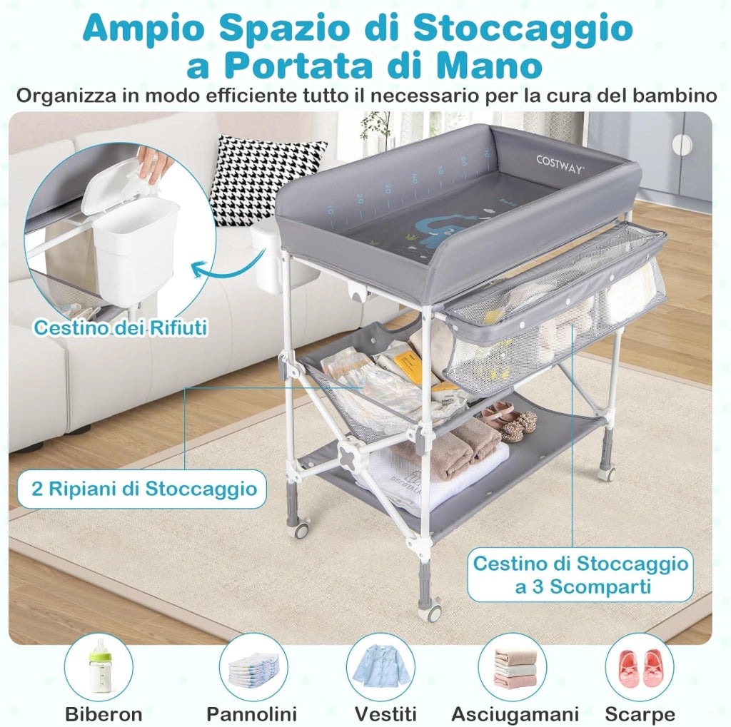 Fasciatoio Pieghevole Neonato, Fasciatoio Portatile con Altezza Regolabile, Comodino per Pannolini con Ruote di Bloccabili, 2 Ripiani, Porta Asciugamani, Cestino di Rifiuti (Grigio)