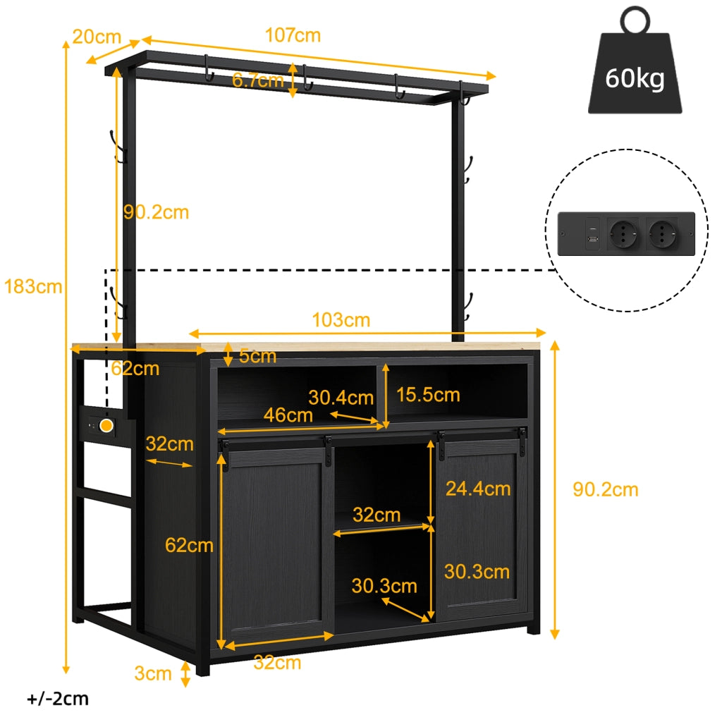 MOBILE DA CUCINA con piano di lavoro 107x62x183 cm Nero MDF e metallo