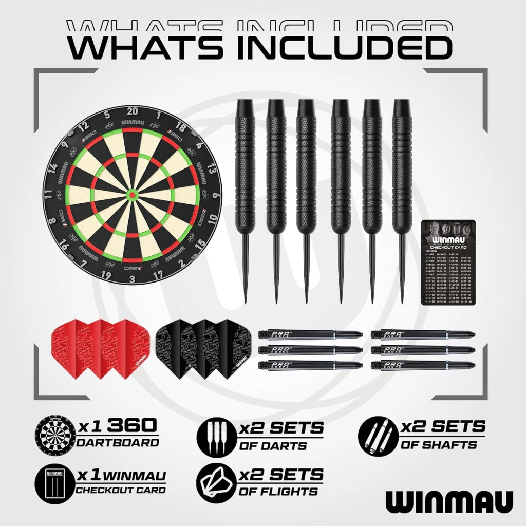 Blade 360 Triple Core Carbon Dartboard Set – Include il Dartboard Blade 360 con 2 set di freccette da 19g con punta in acciaio (1 set nero e 1 set rosso), scheda di finish e altro