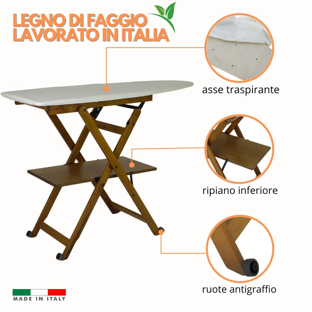 Marvin Asse da Stiro Lara Richiudibile con Ruote e Ripiano Porta Biancheria Robusto Pieghevole Salvaspazio Made in  Noce