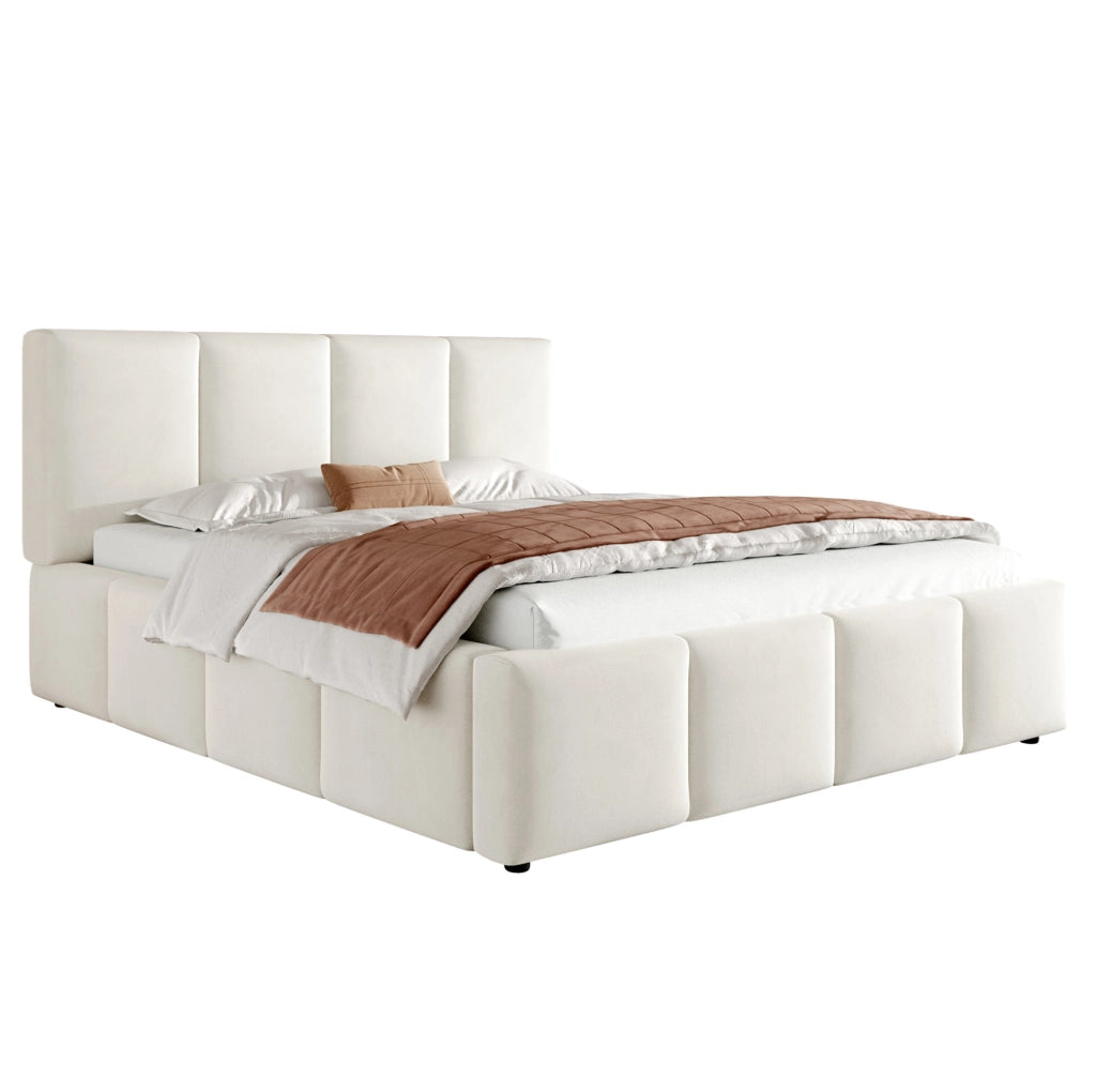 Letto matrimoniale imbottito 180x200 cm in chenille beige con testiera e rete a doghe