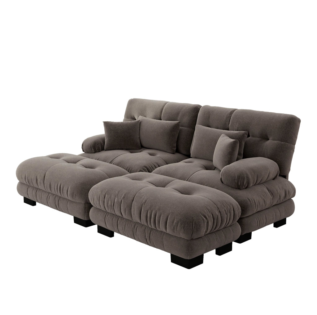 Divano angolare in chenille marrone con cuscini lombari e pouf mobili per soggiorno