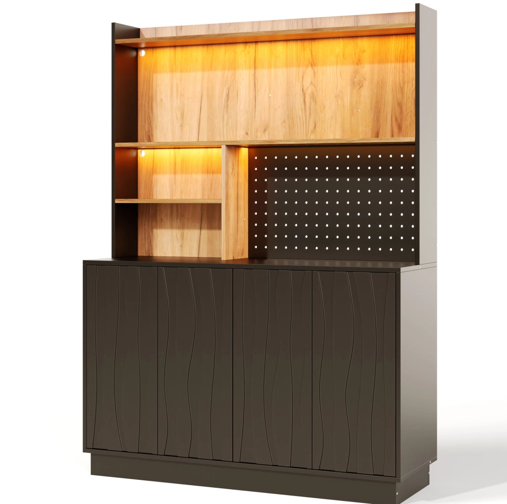 Mobile da cucina 120x43x160 cm con LED RGB, prese e porte USB in MDF nero e naturale