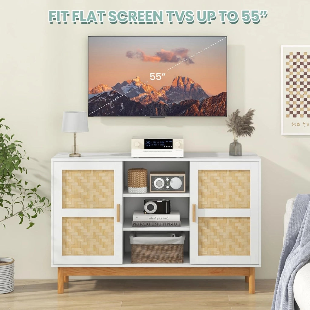 Credenza Cucina con Ante in Legno e Bambù, Mobile Cucina Dispensa con 3 Ripiani Aperti, Mobiletto Cucina con Dispositivo Antiribaltamento, per Soggiorno, Sala da Pranzo, 120 x 35 x 78 cm