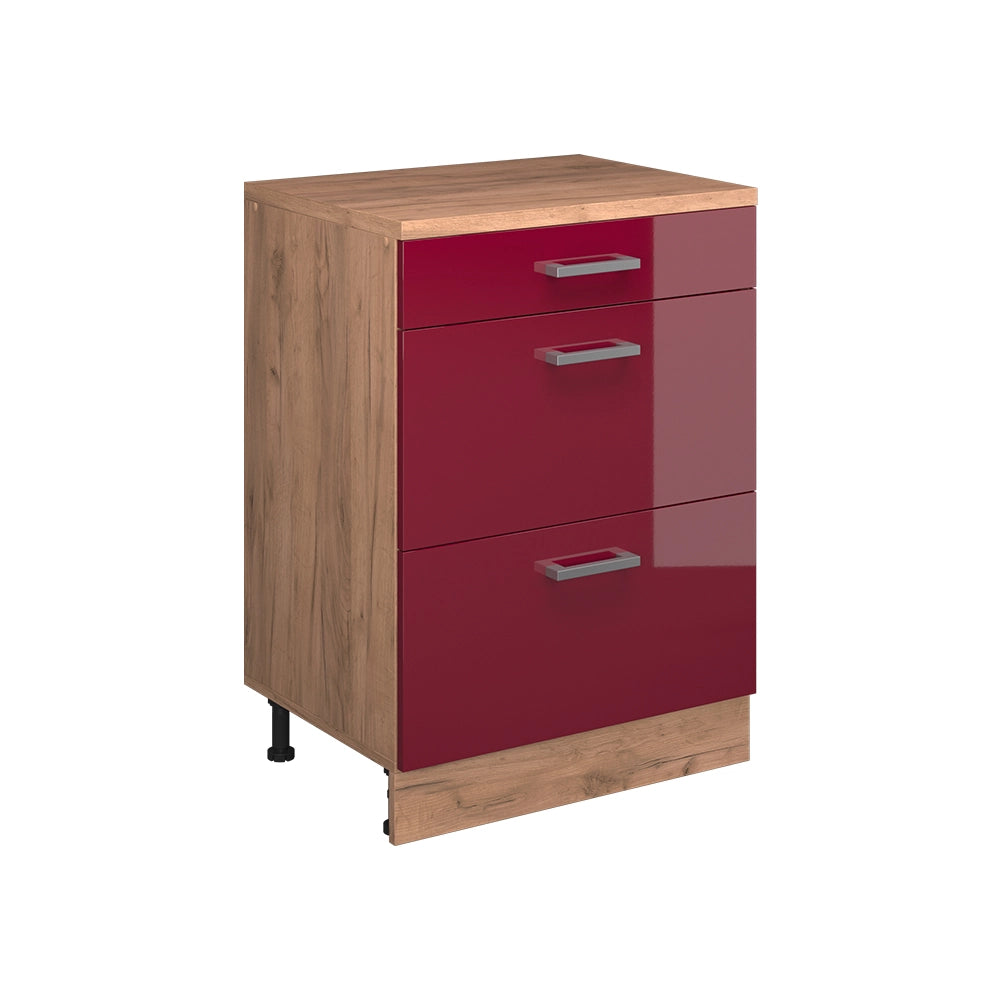 Mobile cucina sottotetto R-Line Rosso lucido/Rovere dorato 60 cm senza inclinazione con 3 cassetti Vicco