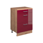 Mobile cucina sottotetto R-Line Rosso lucido/Rovere dorato 60 cm senza inclinazione con 3 cassetti Vicco