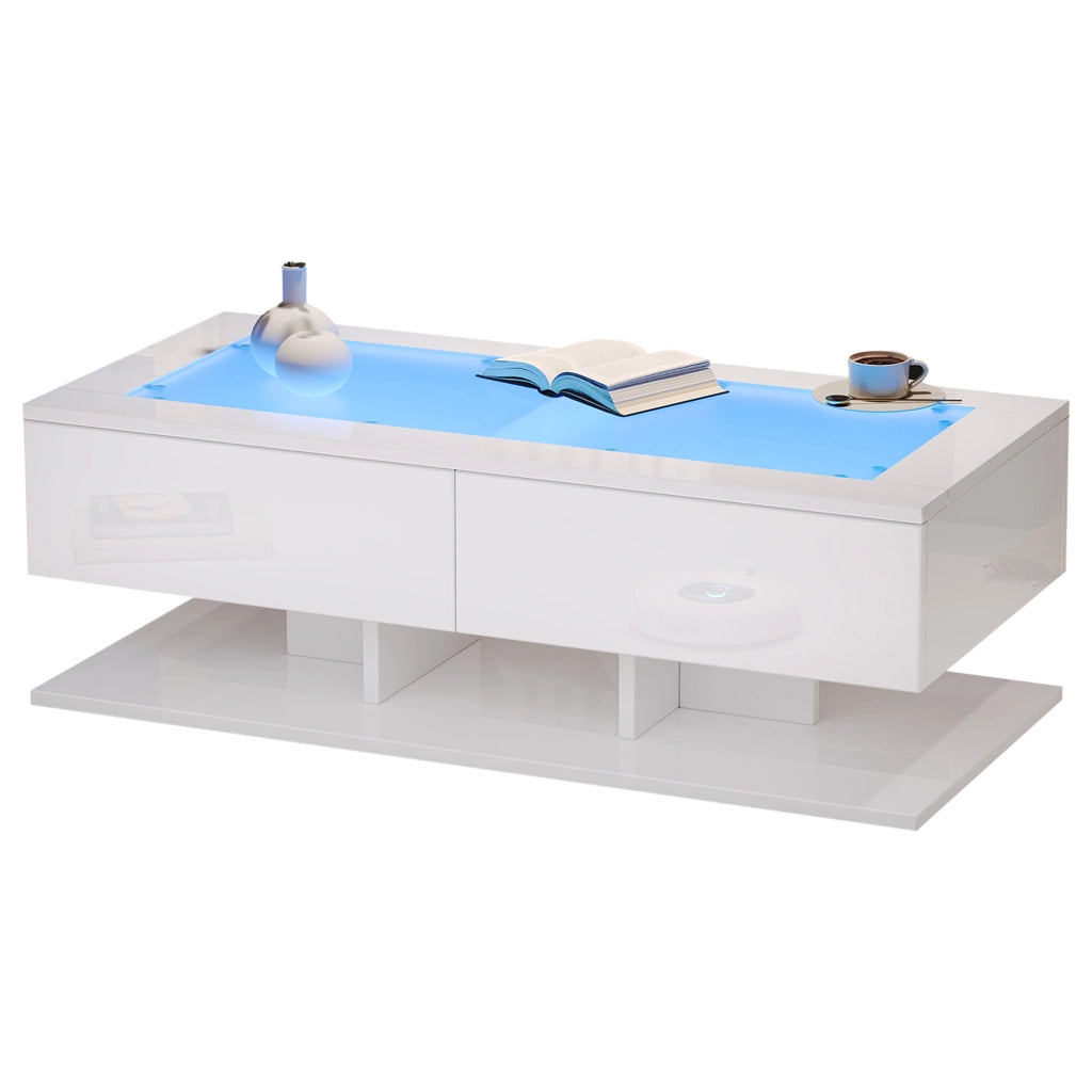 Tavolino basso con 2 cassetti e LED, piano in vetro temperato, per soggiorno, in truciolare, bianco 100 × 50 × 35 cm