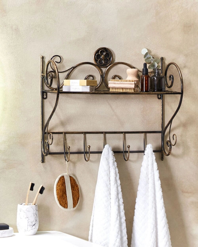 Mensola da parete per bagno in metallo nero 42 x 47 cm Ripiano singolo sospeso con ganci effetto anticato in stile vintage