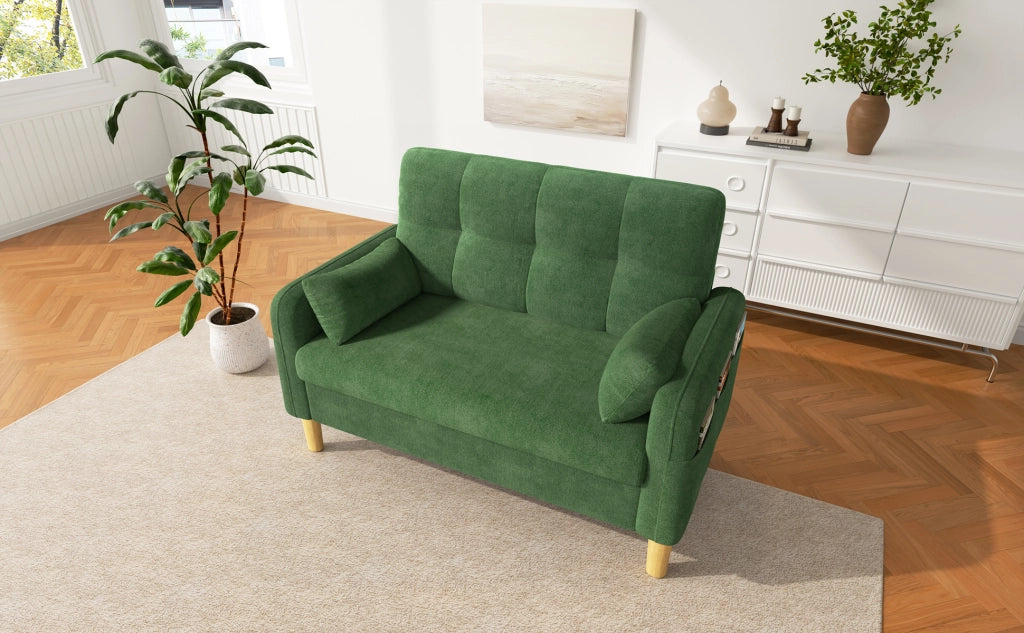 Divano a 2 posti in ciniglia con cuscini e tasca laterale, schienale alto e comfort per piccoli spazi, verde 119 × 78 × 85 cm