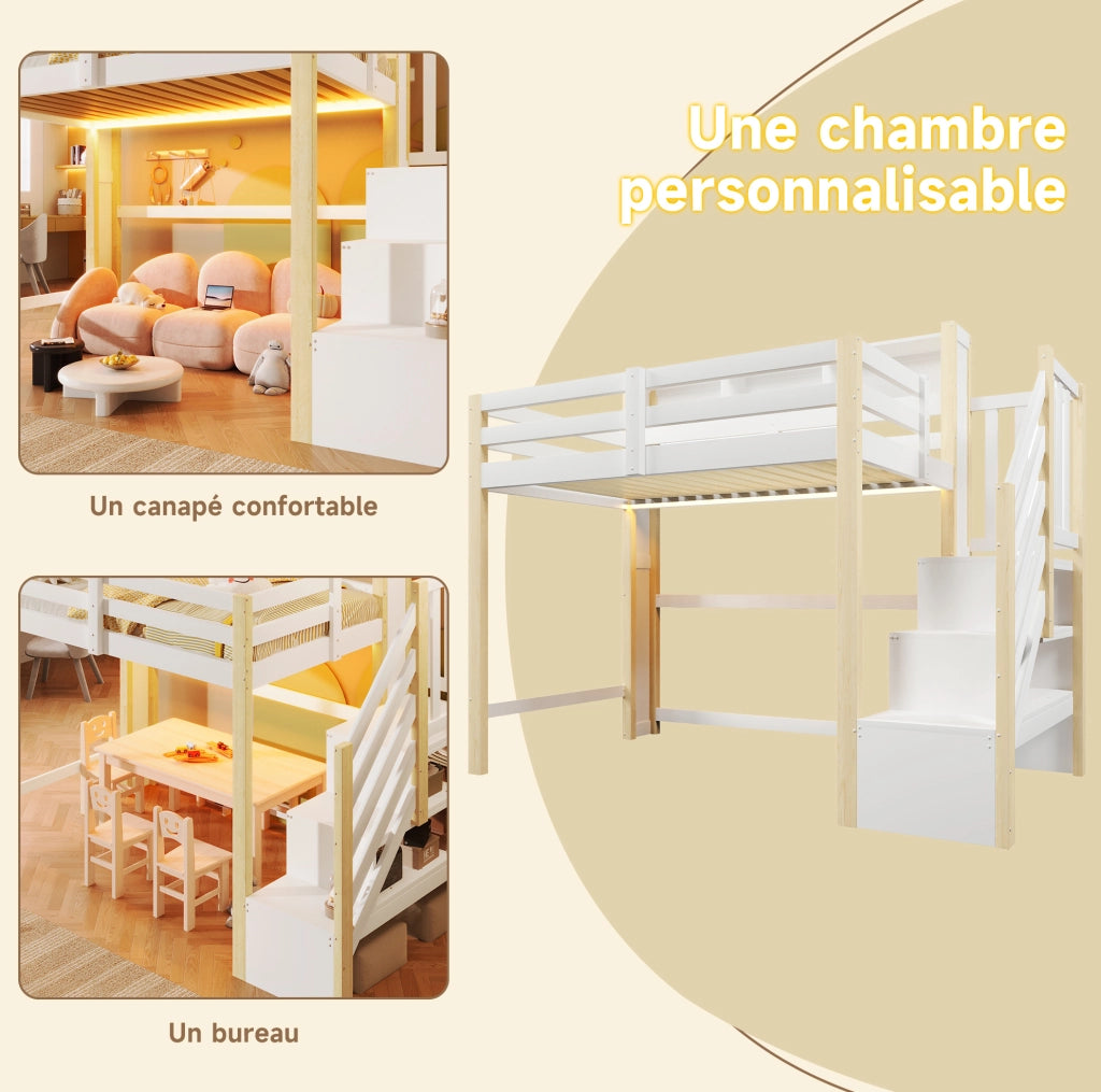 Letto a soppalco 90x200 cm con LED e scala contenitore