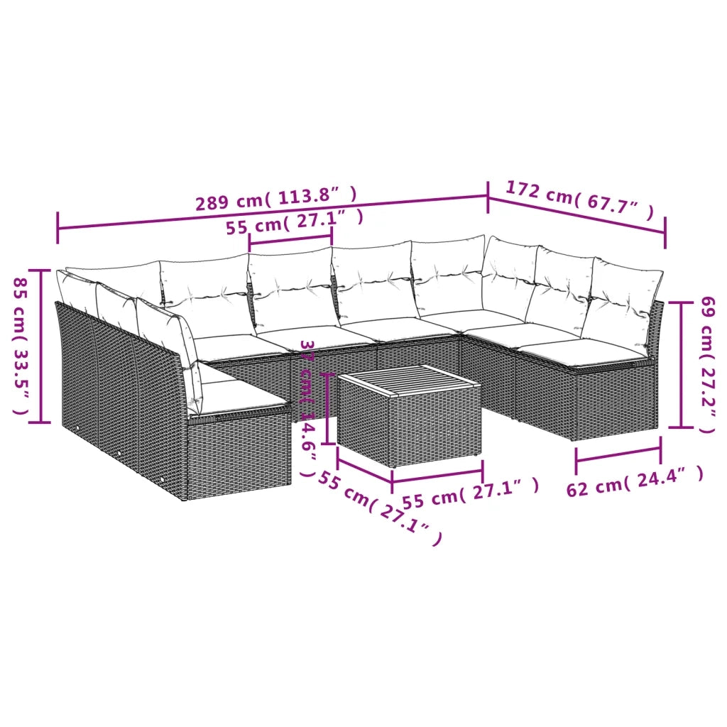 Set Divani da Giardino 10pz con Cuscini in Polyrattan Nero