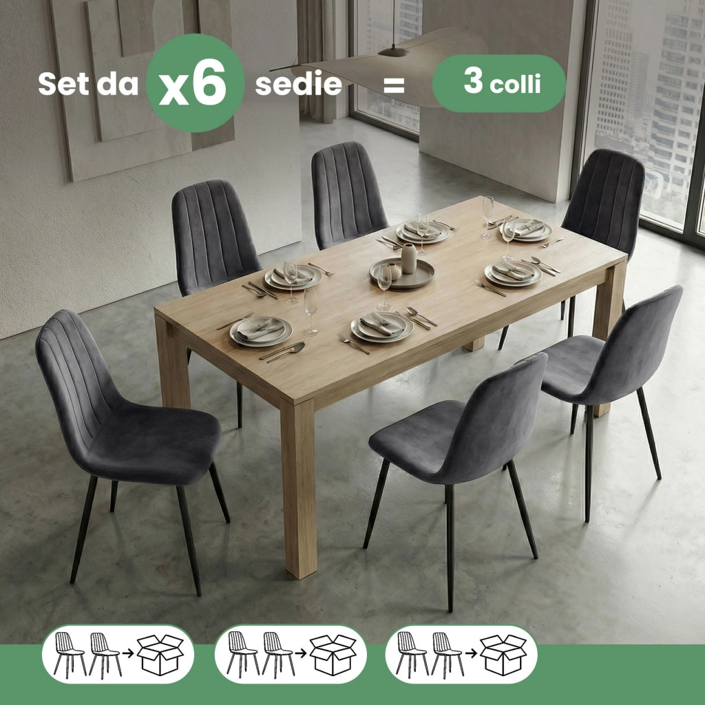 Set di 6 Sedie in velluto trapuntate LUMO Grafite Scuro gambe nere