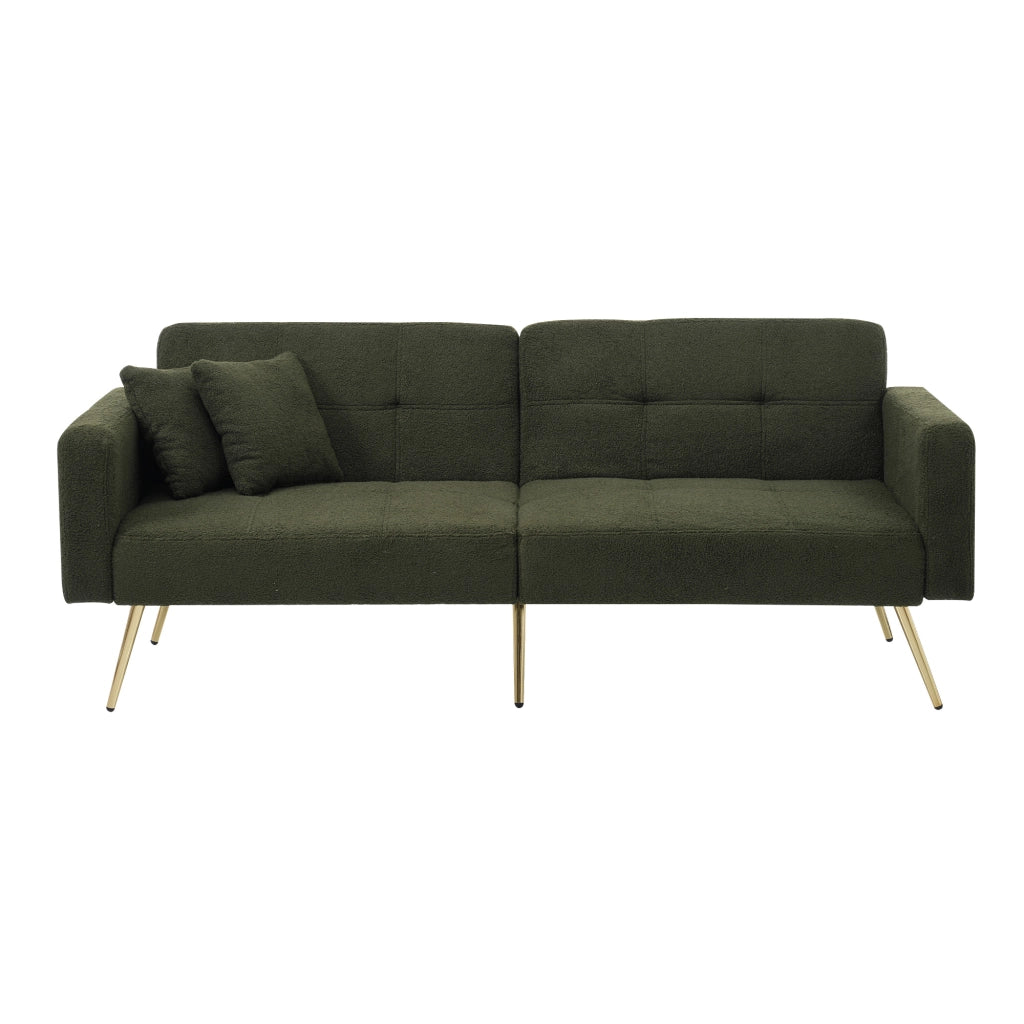 Divano Letto 2 Posti con Schienale Regolabile 105-180° e Tasche Laterali; Piedini Dorati in Tessuto Sherpa Verde Antico