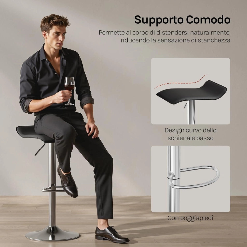 Sgabello da Cucina, Sgabello da Bar Colazione Regolabile in Altezza Girevole a 360°, per Bar, Cucina, Banco, Caffè, PVC+Metallo, con Poggiapiedi, Nero+Argento
