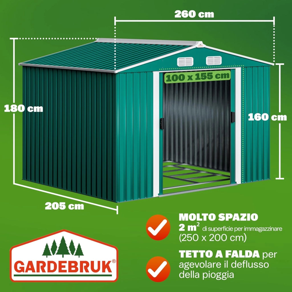 Capanno da Giardino XXL 5m² Fondamenta 260x205x180cm Porta Scorrevole Rimessa per Attrezzi da Esterno 9m³