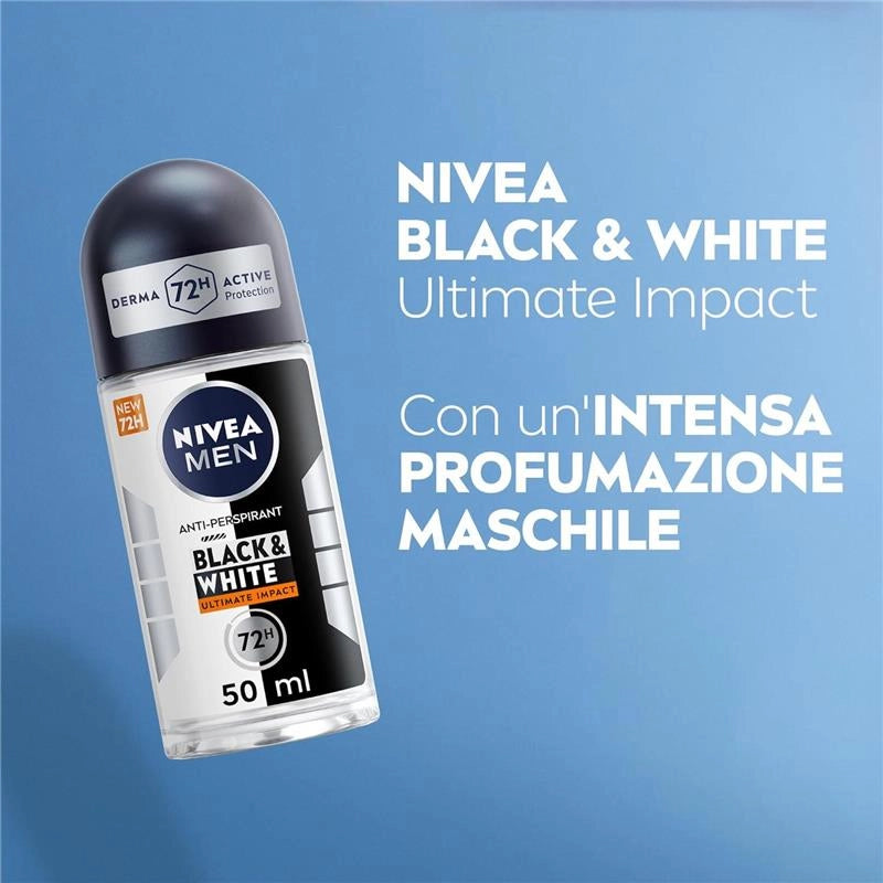 NIVEA MEN BLACK & WHITE INVISIBLE ROLL-ON 50 ML DEODORANTE UOMO 72H ANTITRASPIRANTE NO ODORI SUDORE IRRITAZIONI E MACCHIE
