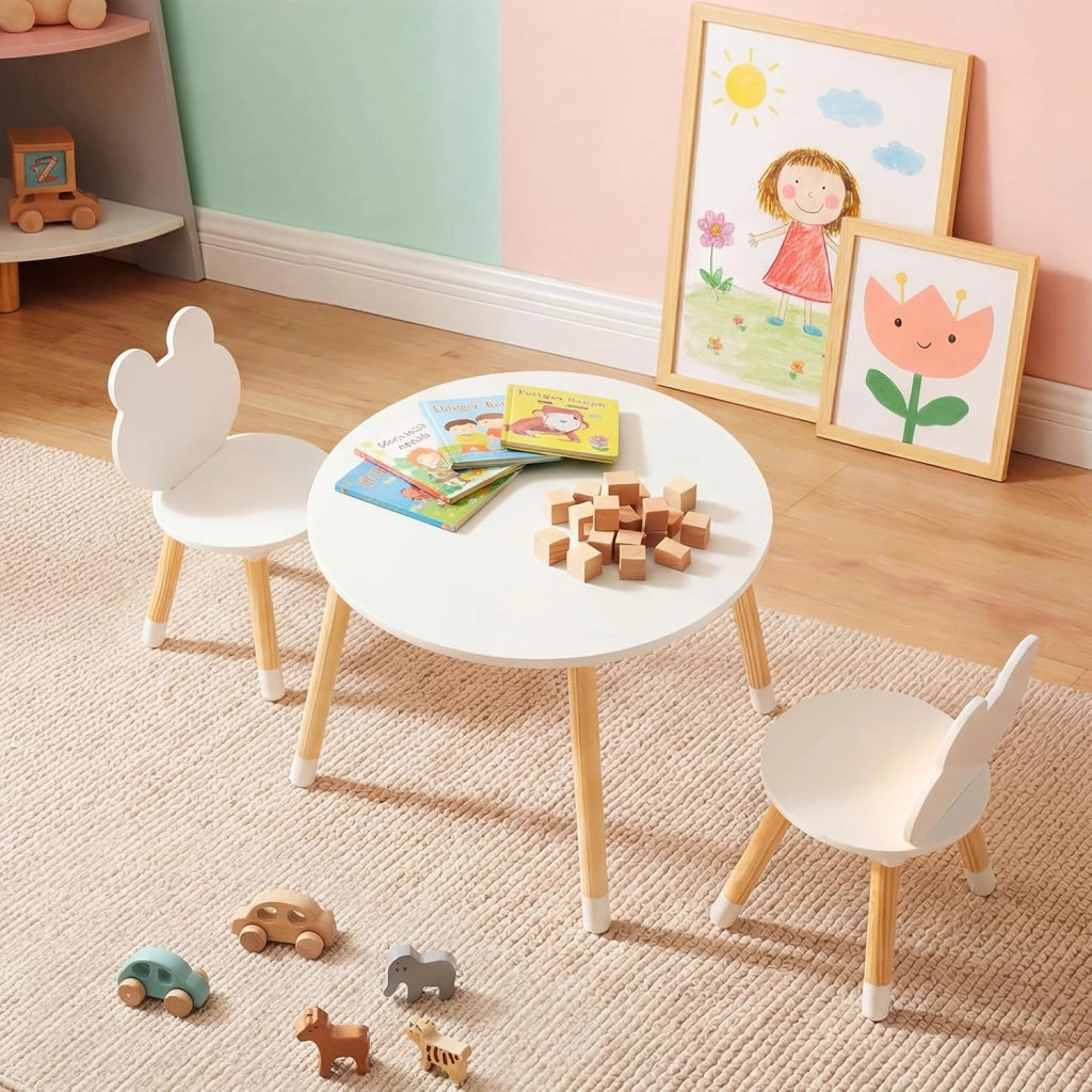 Set Tavolo e Sedie per Bambini, Tavolino e 2 Sedie a Forma di Rana con Gambe in Legno e Angoli Arrotondati, Set Mobili Salvaspazio per Bambini 3+ Anni per Cameretta Ragazzi (Bianco)