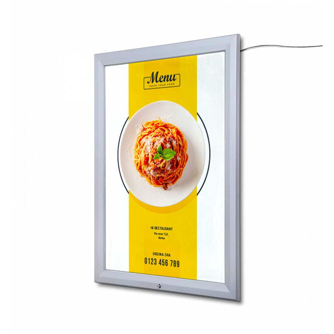 Bacheca con Apertura a Ribalta 70x100 cm in Alluminio Retroilluminata con Led Porta Poster Silver
