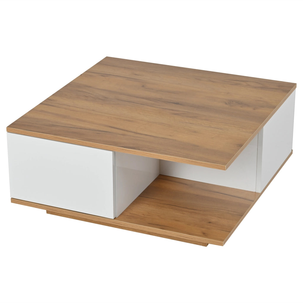 Tavolino da caffè 70x70x31.5 cm; 3 cassetti e vano aperto; pannello truciolare; bianco e colore naturale