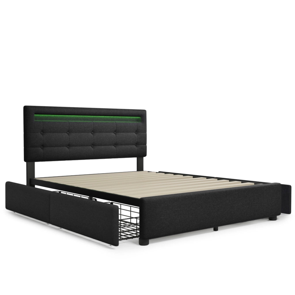 Letto matrimoniale – 140x200 cm – LED 4 cassetti con materasso – legno nero