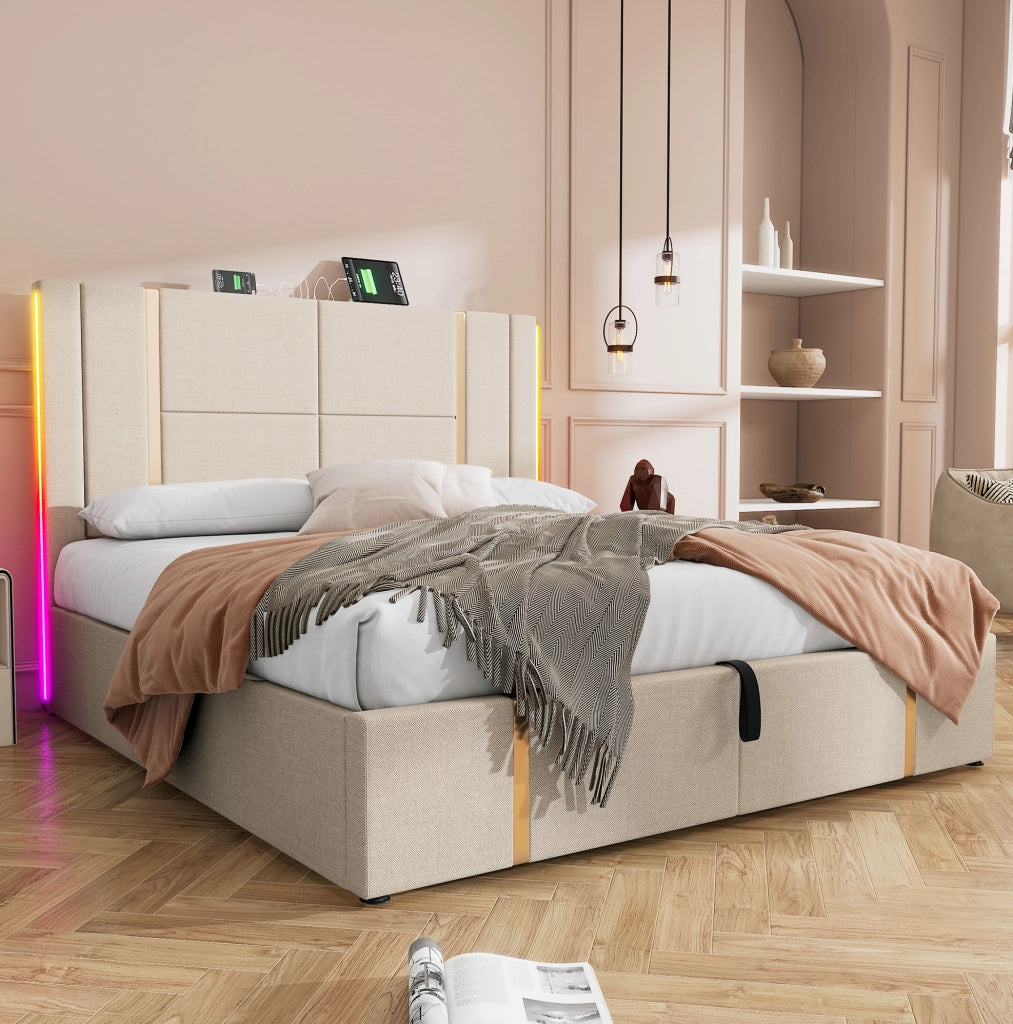 Letto  140x200 cm beige - LED, contenitore e USB-C, con materasso