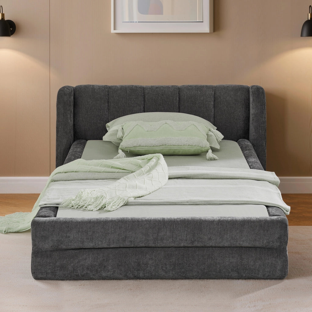 Letto singolo 90 × 200 cm con testiera ergonomica, senza materasso, in chenille, grigio scuro