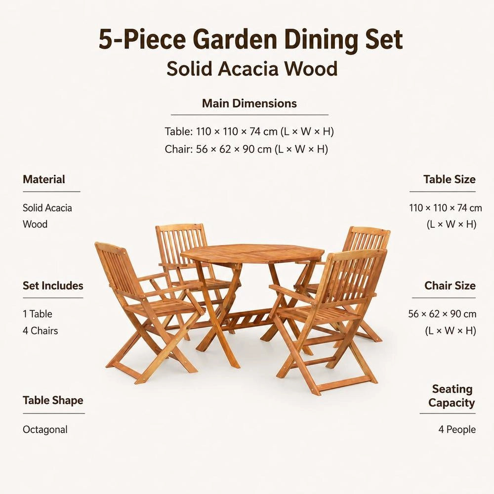 5-piece Garden Dining Set, Solid Acacia Wood