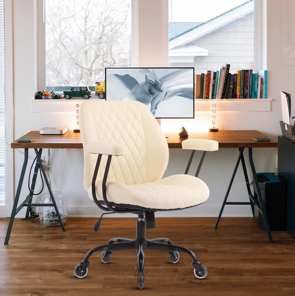 Sedia da ufficio ergonomica reclinabile con ruote; pelle bianca