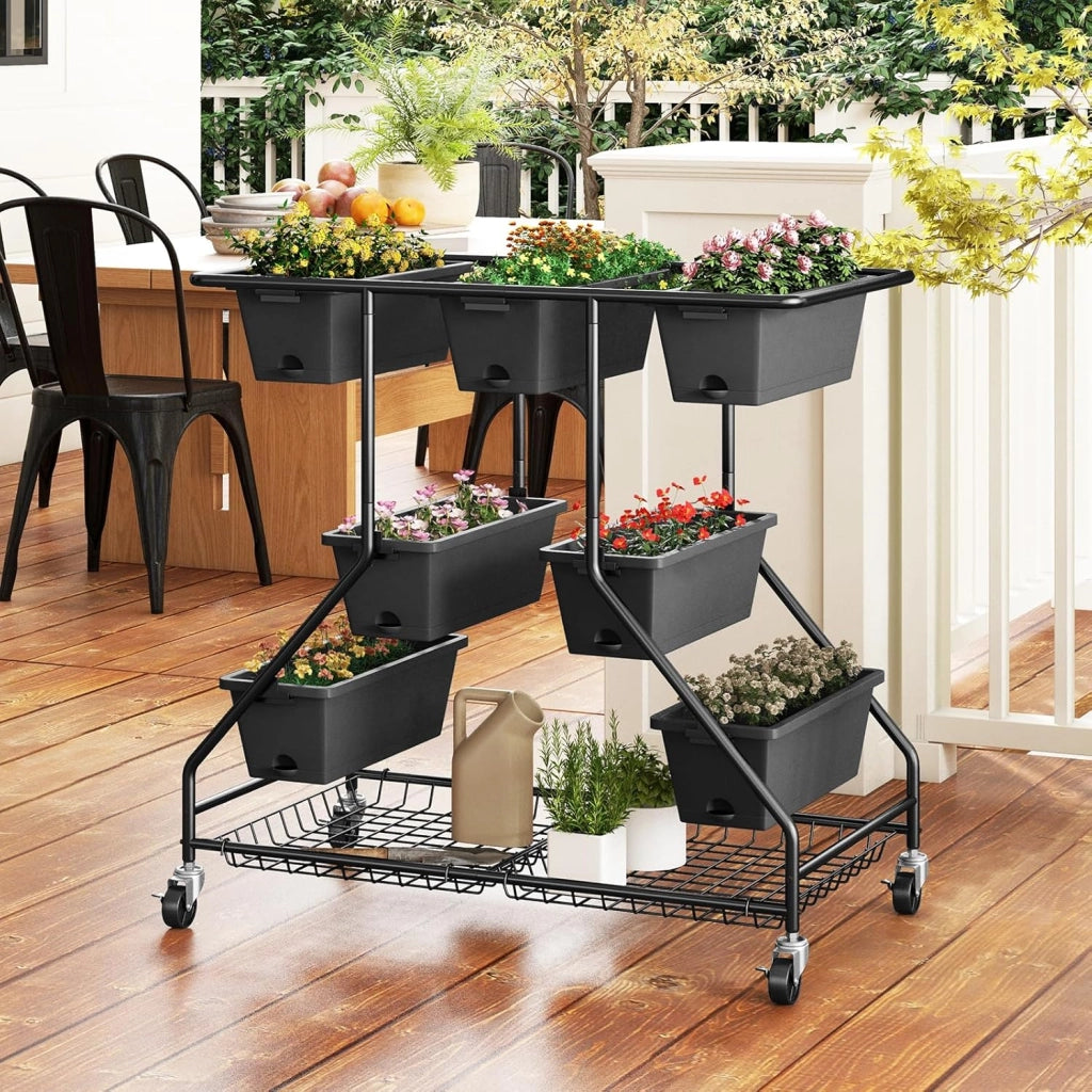 Letto da Giardino Verticale Sollevato con 7 Vasi, Cestini di Stoccaggio, Fori di Drenaggio e 4 Ruote Bloccabili, Scaffale Portafiori da Esterno ed Interno, Piantatore Elevato a 3 Livelli per O