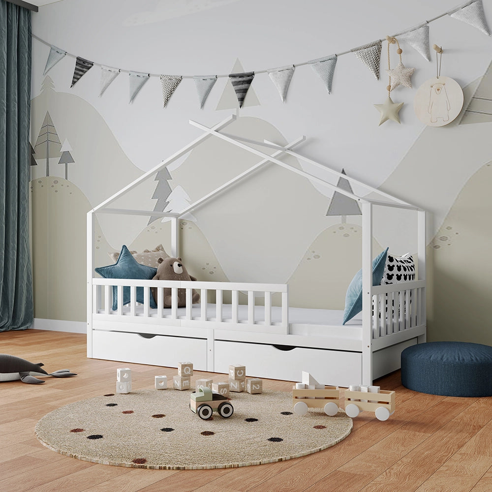 Vitalispa Letto montessori bambini Bianco 90x200 cm con 2 cassetti e materasso
