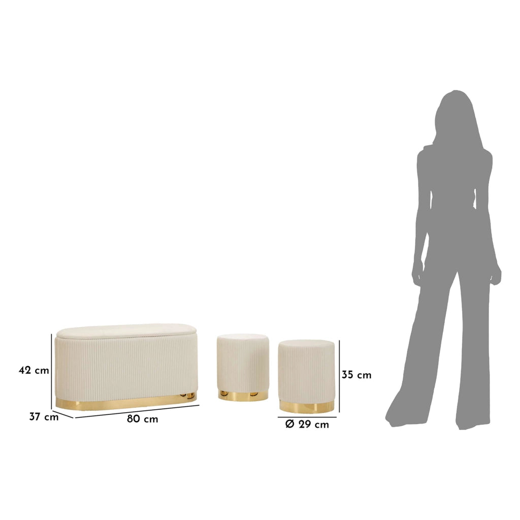 Soroti, Panca con due Sgabelli, Panca Contenitore, 80x37x42h cm Bianco Crema