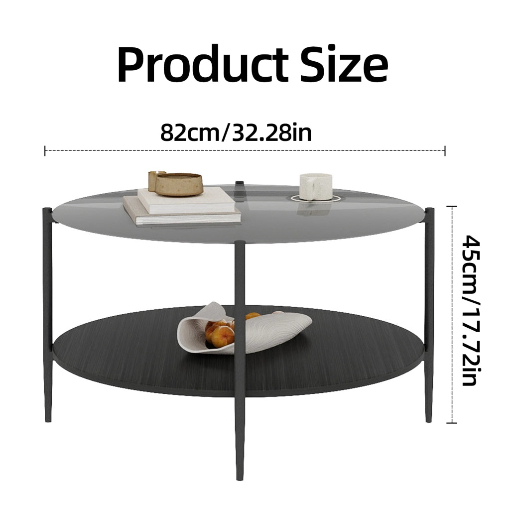 Tavolino da caffè con 2 ripiani - per soggiorno - in vetro; ferro e legno - nero - 82 cm