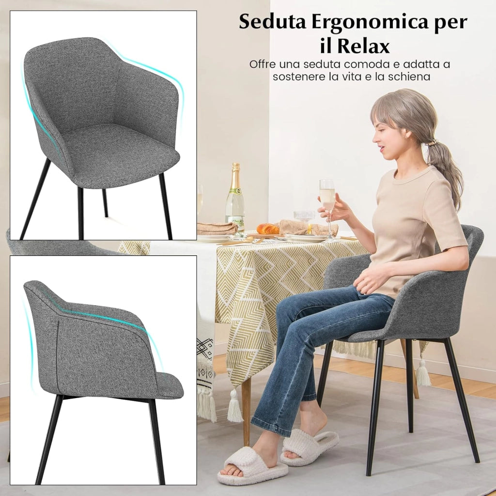 Set di 2 Sedie da Pranzo, Sedia da Pranzo Imbottita con Schienale Ergonomico, Ampi Braccioli, Sedie Moderne ed Eleganti per Soggiorno, Sala da Pranzo e Cucina, Portata 150 kg (Grigio)