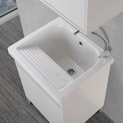 Mobile lavatoio 60x50 cm linea Way bianco lucido con vasca e strofinatoio
