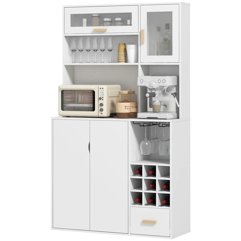 MOBILE DISPENSA CON PORTABOTTIGLIE, ARMADIETTI, RIPIANI E CASSETTO, IN TRUCIOLATO E LEGNO, 100X38X172 CM, BIANCO