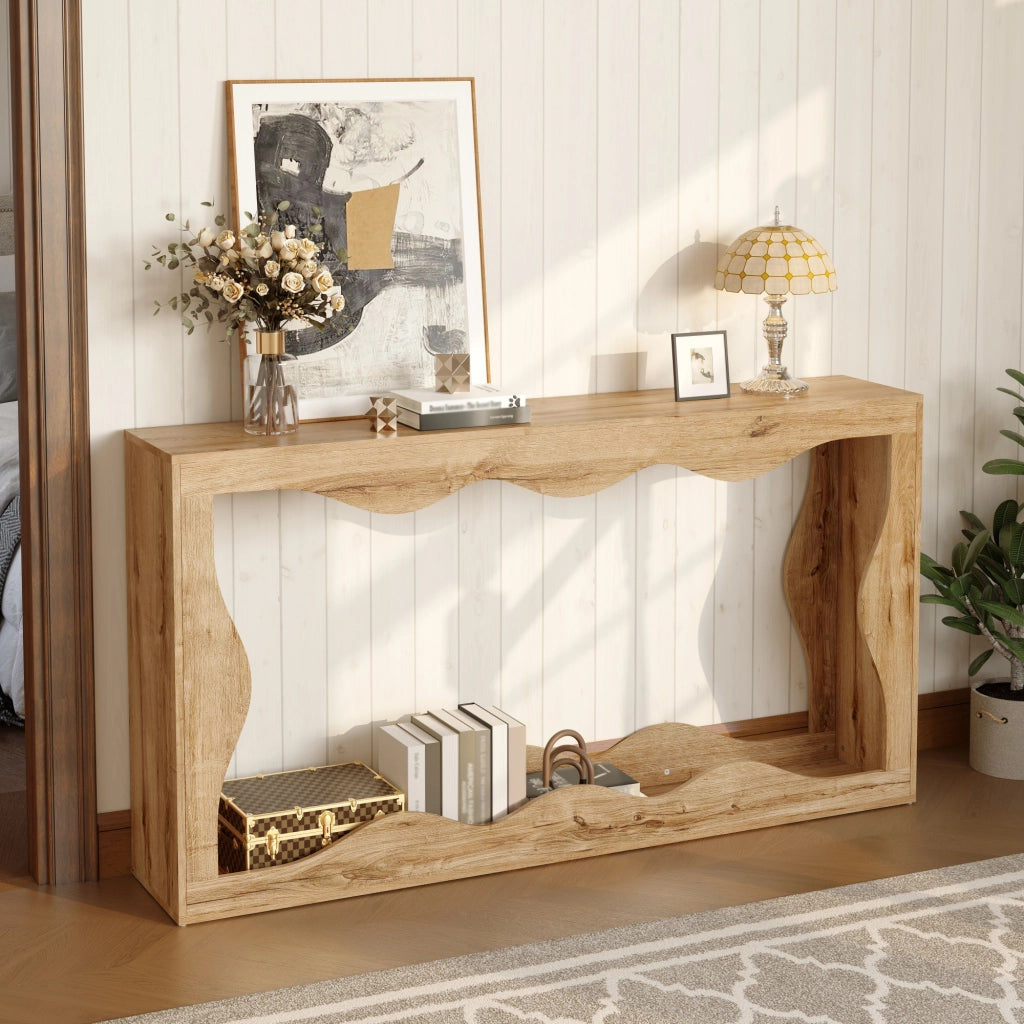 Consolle con bordo ondulato e 2 ripiani aperti, per ingresso, in pannello truciolare, naturale, 160,5 × 30 × 86,5 cm