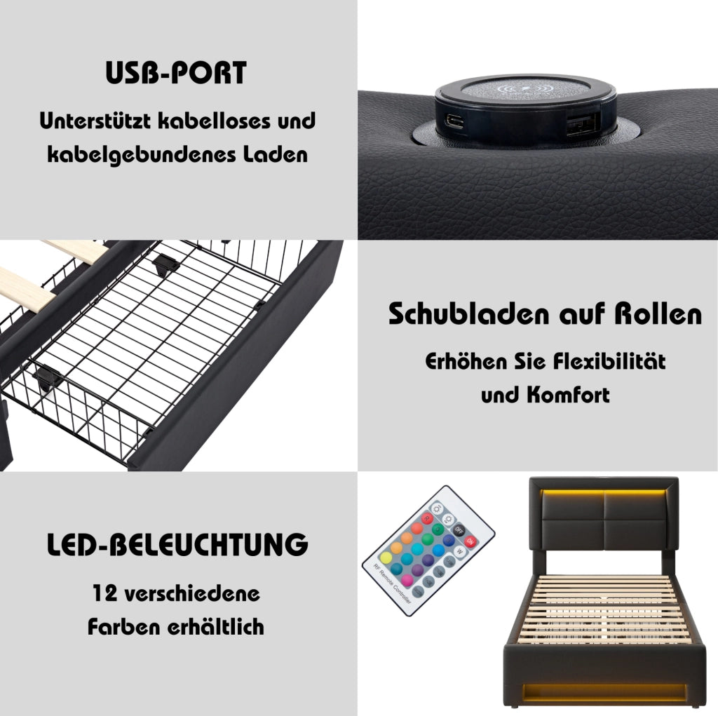 Letto imbottito 90 x 200 cm nero con USB, LED e 4 cassetti