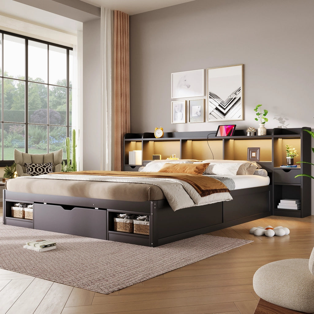 Letto Contenitore 180x200 cm con LED; USB; 3 Cassetti e vani portaoggetti - Nero