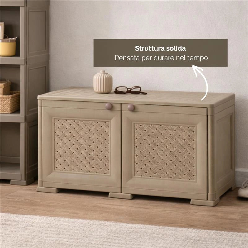 ARMADIO BASSO 79X43X46 CM CON ANTA TRAFORATA, MOBILE TV E CONTENITORE IN PLASTICA PER INTERNO ED ESTERNO COPERTO