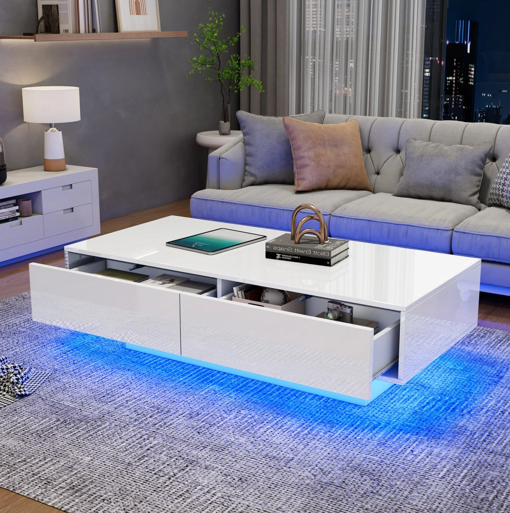 Tavolino da caffè moderno bianco lucido 115 x 55 x 34 cm con 2 cassetti e LED