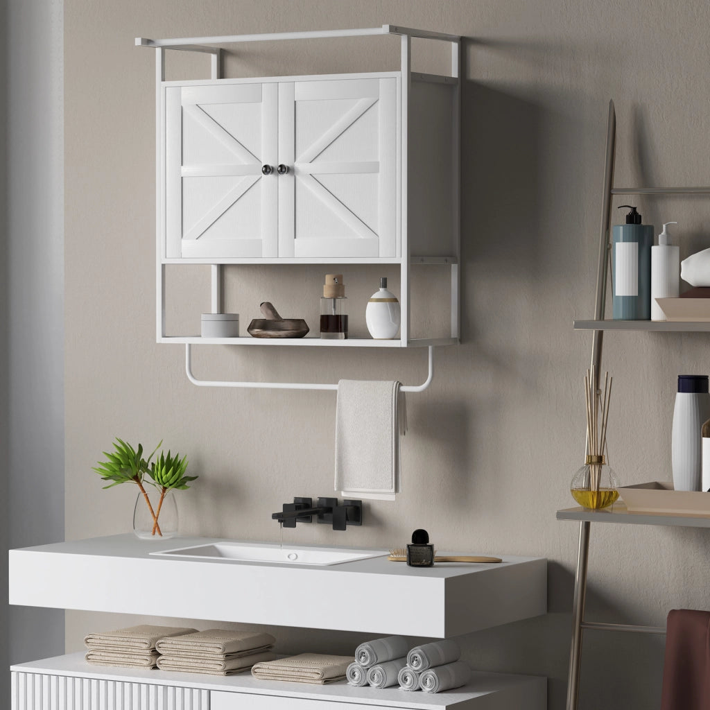 Armadietto Bagno Sospeso con Ante e Ripiano ¨C Zephmum ¨C Bianco 63x34x75 cm